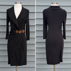Vintage 90s y2k Joseph Ribkoff Black Slinky Stretchy Belted Faux Wrap Midi Dress